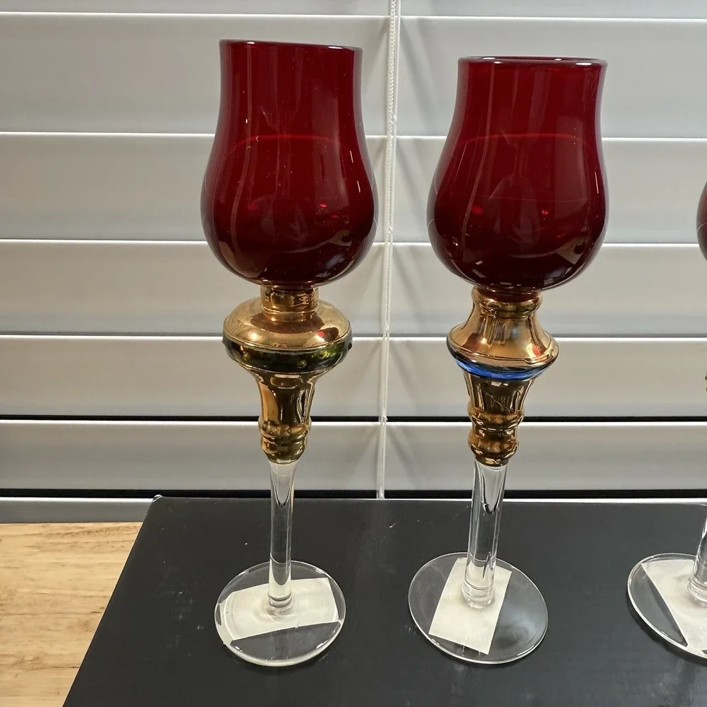 4 Vtg Bombay Company Romanov Ruby Gold Long Stem Cordial‎ Glasses New  7